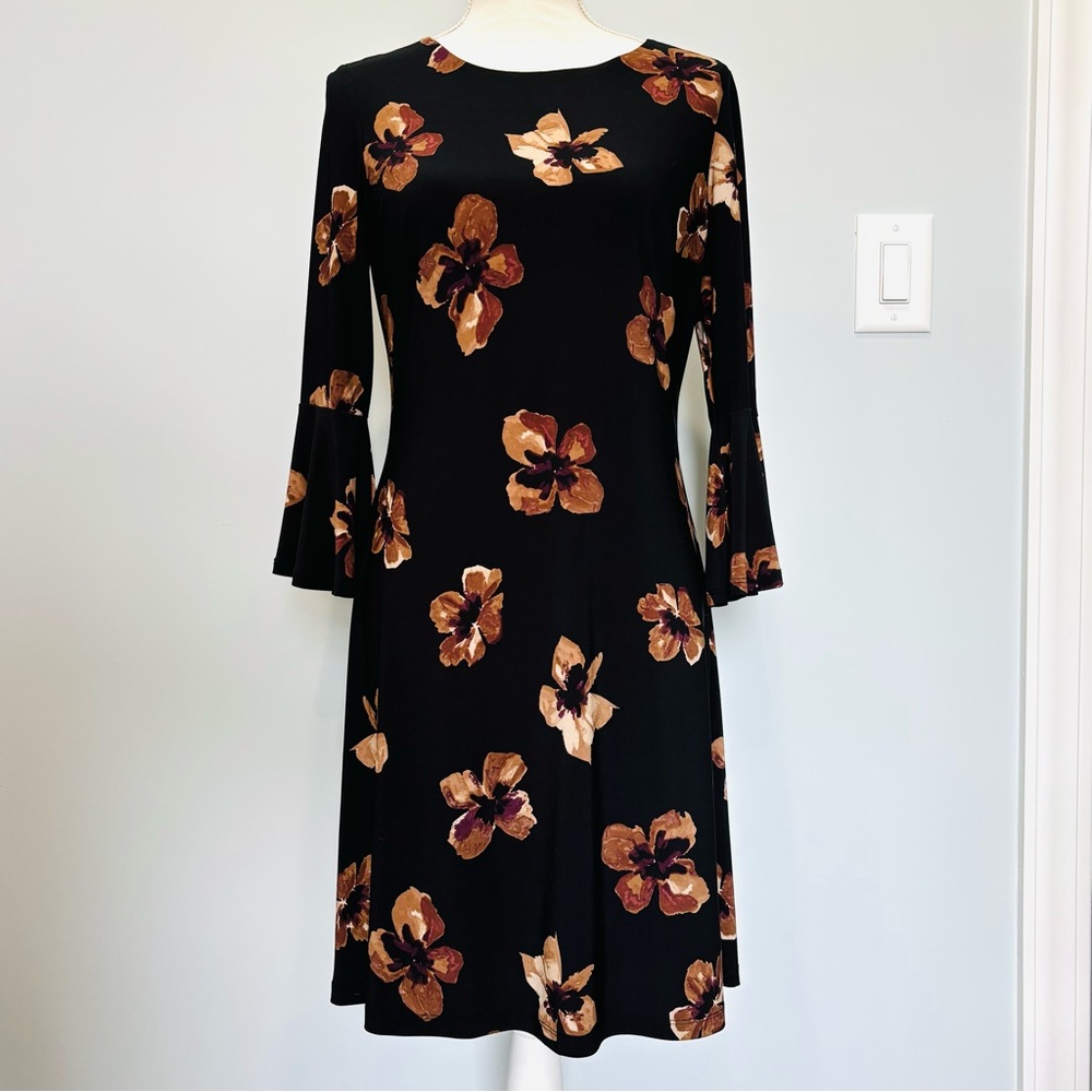 Tommy Hilfiger Black Floral Print Bell Sleeve Zip Dress Work Travel Size 6